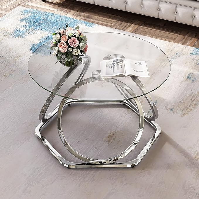 O&K FURNITURE Glass Coffee Table, Modern Silver Coffee Table Living Room Table - Image 4
