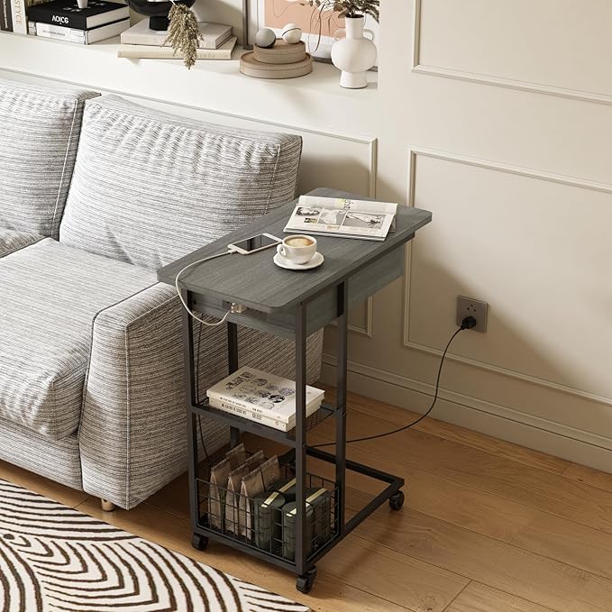 LIDYUK C Shaped End Table with Charging Station, Flip Top Side Table with USB - Image 5