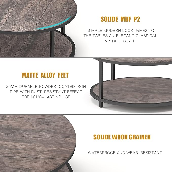 NSdirect Round Coffee Table, 2-Tier Rustic Wood Desktop - Image 8