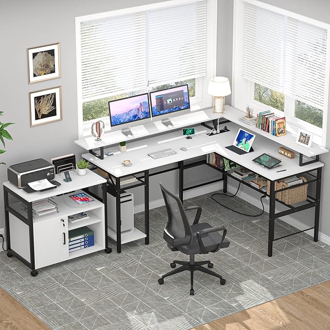 Unikito L-Shaped Desk with LED Strip and Power Outlets, Reversible Corner - Image 2