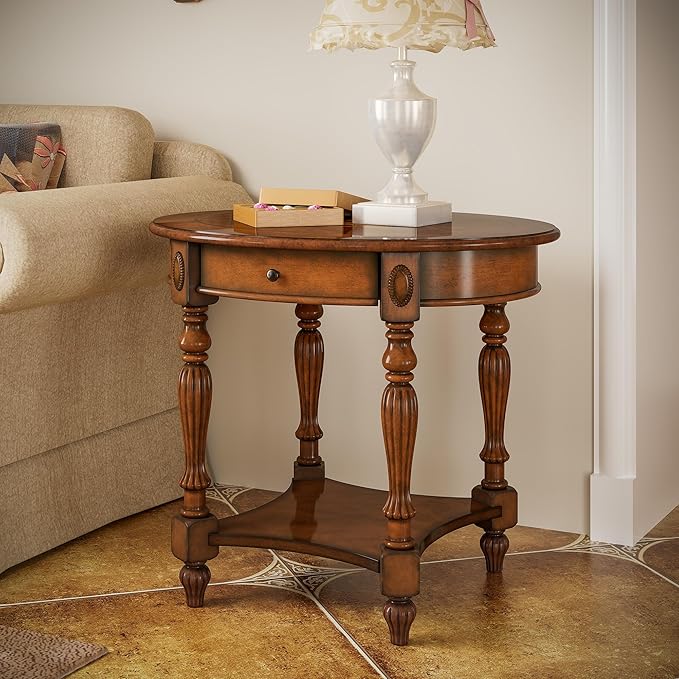 Solid Wood End Table with Drawer and Storage Shelf, Oval Sofa Side Table with - Image 2