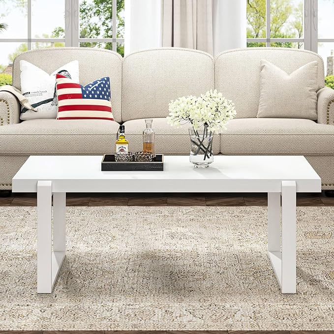 FOLUBAN White Coffee Table, Modern Rustic Wood and Metal Center Table, - Image 4