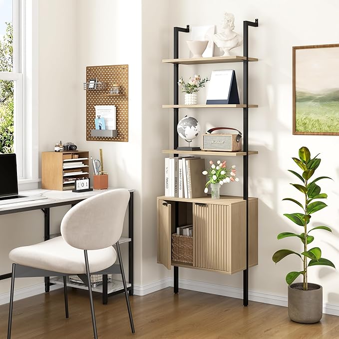 Yusong 73" Tall Bookshelf with Cabinet, Industrial Ladder Wall Mount Shelf - Image 2
