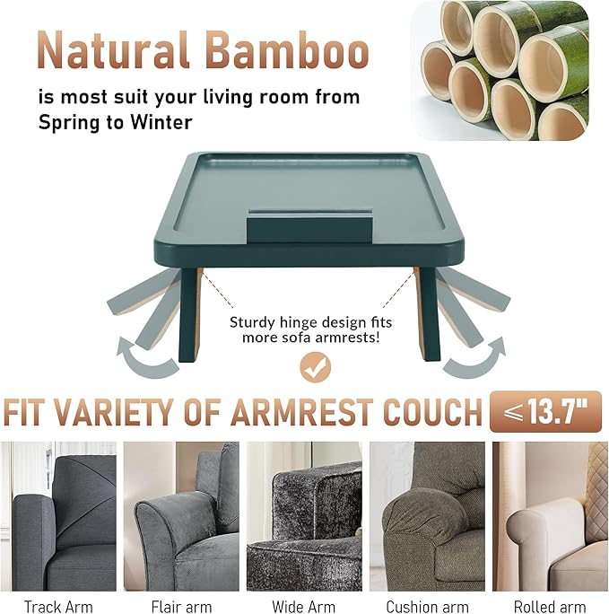 SINWANT Couch Arm Table Tray, Bamboo Sofa Arm Clip on Table, Foldable Couch - Image 2