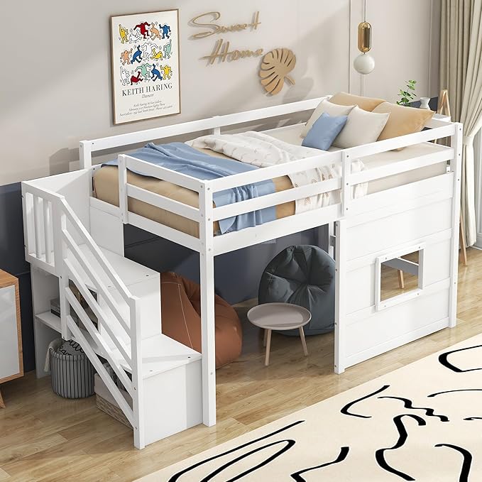 Twin Size Loft Bed with Storage Staircase and Window, Wood Twin Loft Bunk - Image 7