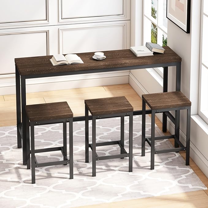 KEIKI 60.24” Long Bar High Top Dining Table and 3 Stools Chairs Set, Wood - Image 4