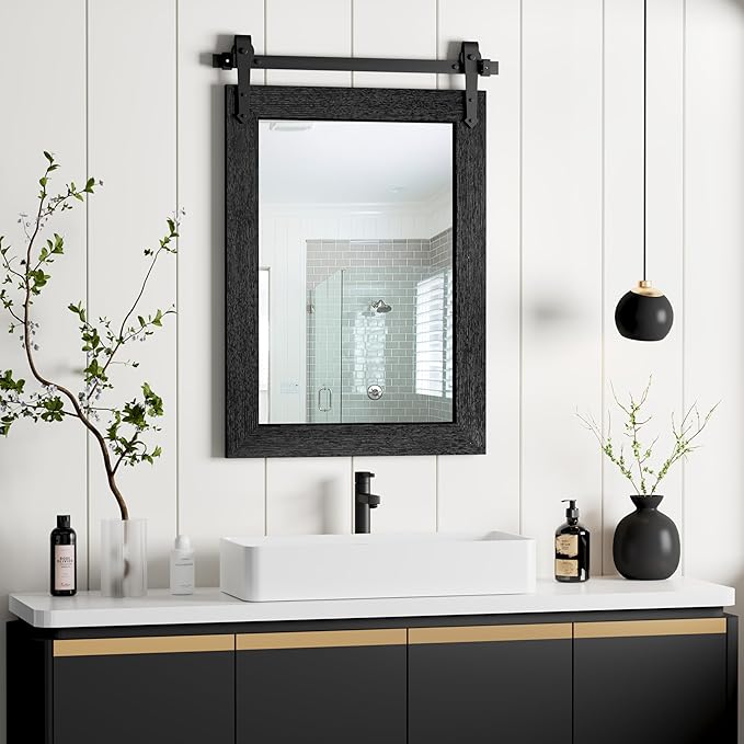 Farmhouse Bathroom Mirror for Over Sink 22”x32” Black, Rustic Western Barn by Menscha