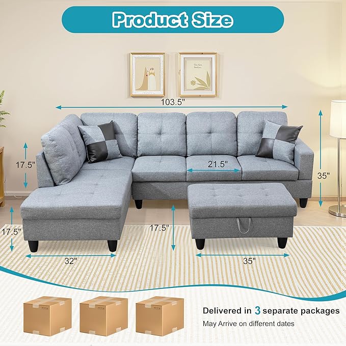 L Shaped Couch Modern Sectional Couch Upholstered Linen Fabric 3 Pieces Sofas - Image 2