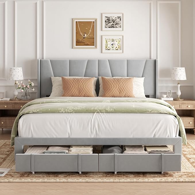King Bed Frame with Storage Drawers, Upholstered Platform Bed with Headboard - Image 3
