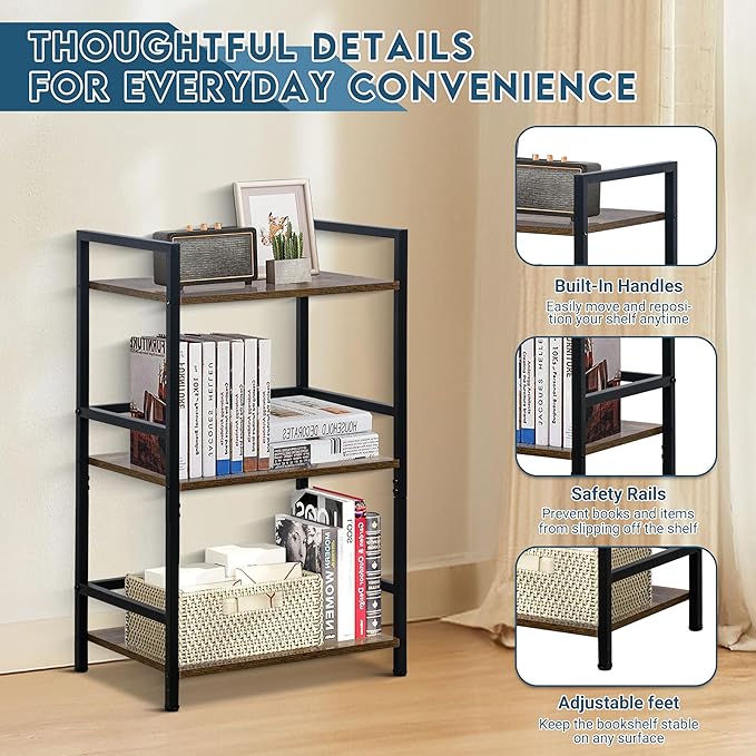 LOFTEY Book Shelf Small Bookshelf, 3 Tier Industrial Short Bookshelf, Metal - Image 5
