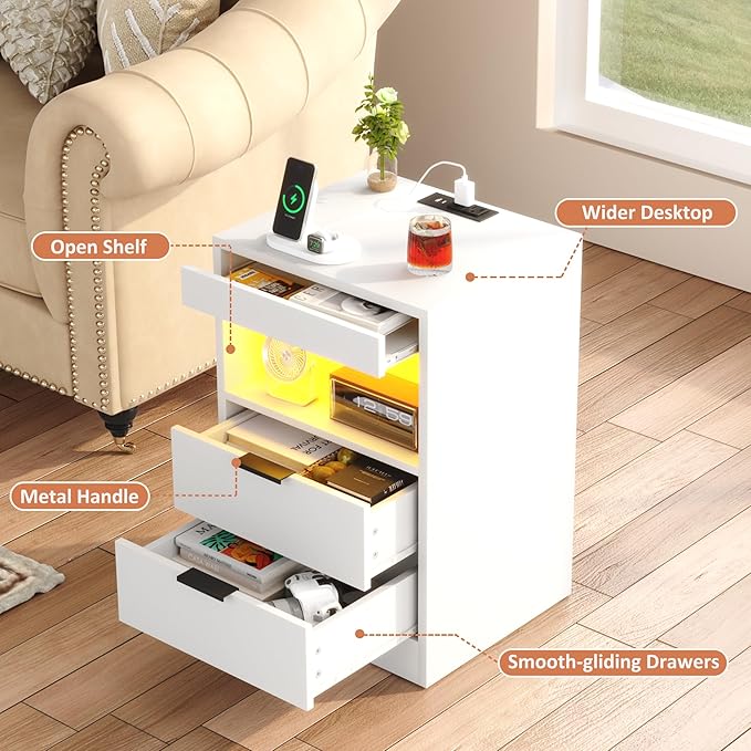 Gadroad LED Nightstand with Charging Station, Bedside Table with 3 Drawers and - Image 5