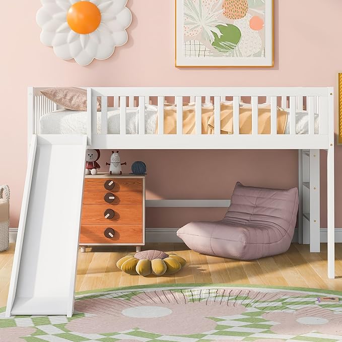 Full Size Low Loft Bed with Ladder and Slide, Vertical Design Wooden Bed Frame - Image 3