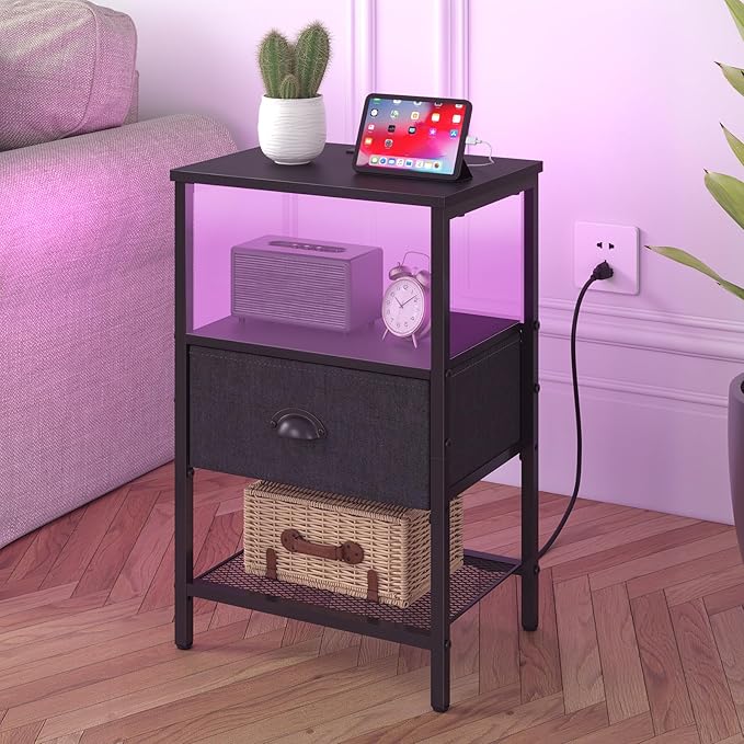 Sthmec Nightstands with Charging Station, LED Bedside Tables with Charging - Image 2