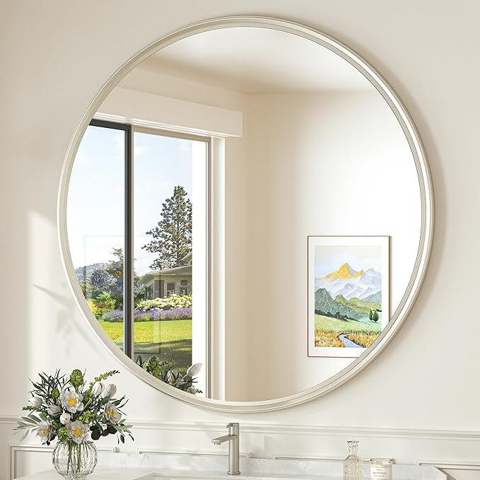 TokeShimi 40 in Tempered Bathroom Vanity Mirror Round Brushed Nickel Bathroom by RefinedBathroomAccessories