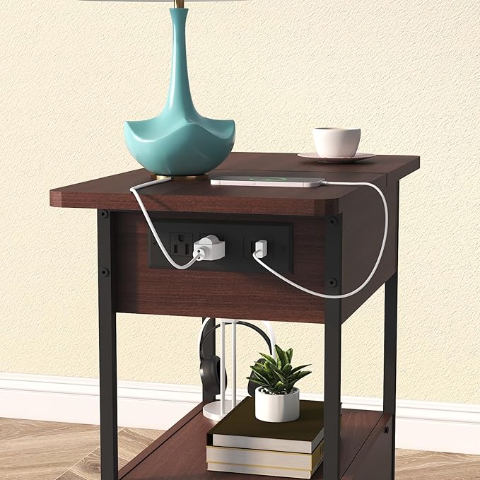 SOOWERY End Table with Charging Station, Narrow Side Table with Flip Top - Image 5