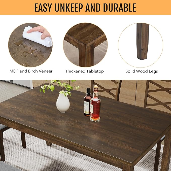 6-Piece Solid Wood Dining Table Set, Includes 1 Dining Table, 4 Upholstered - Image 3