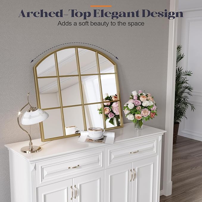 Window Pane Gold Mirror, Brass Rustic Arch Mirrors Large Grid Mirror - Image 3