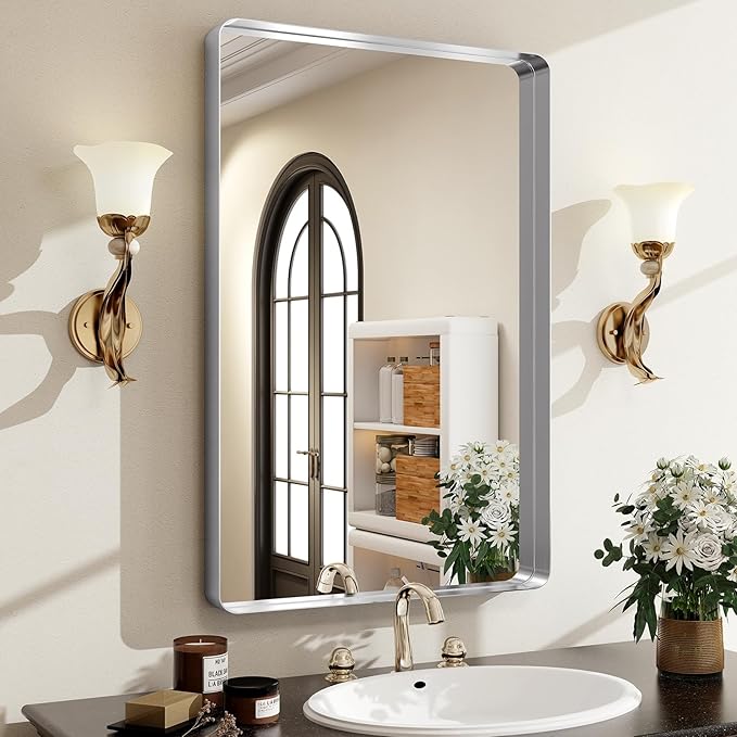 Silver Bathroom Mirror for Wall, 36x24 Inch Rectangular Aluminum Alloy Framed by EASLY