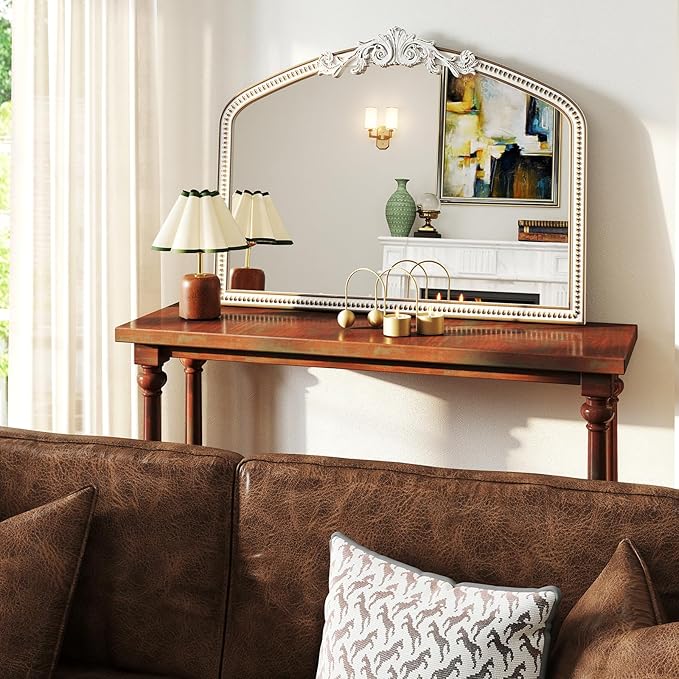 42''x32'' Baroque Wide Arched Wall Mirror, Ornate Wooden Farmhouse Arch - Image 2