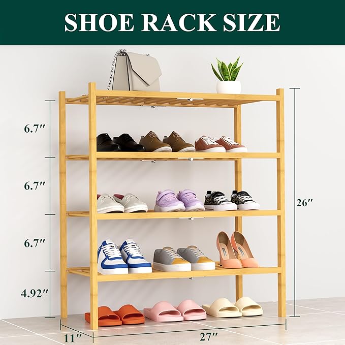 Smiry Shoe Rack, 4 Tier Thick Bamboo Shoe Organizer, Stackable Free Standing - Image 2