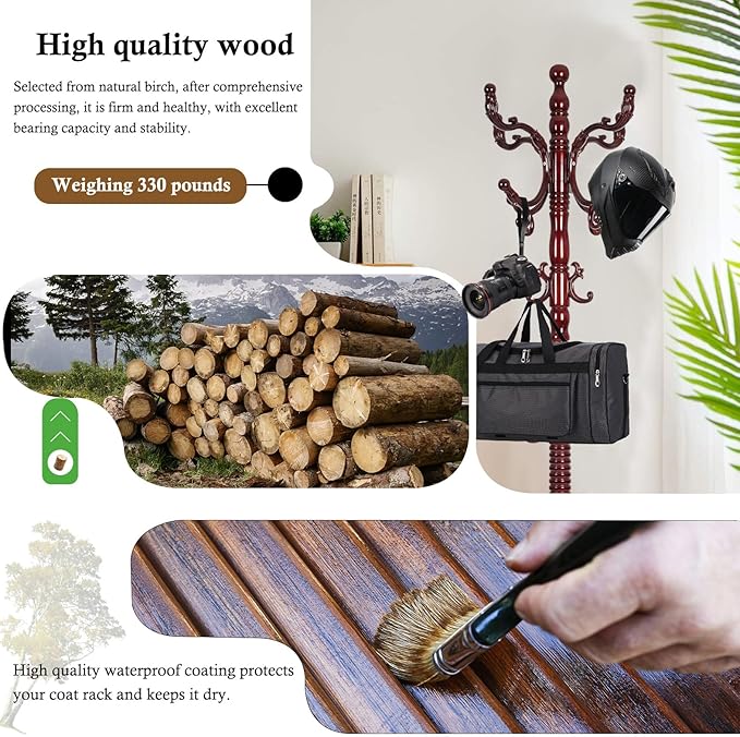 Coat Rack Stand, Solid Wooden Coat Tree - Image 4