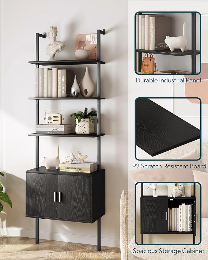 Yusong 73" Tall Bookshelf with Cabinet, Industrial Ladder Wall Mount Shelf - Image 4