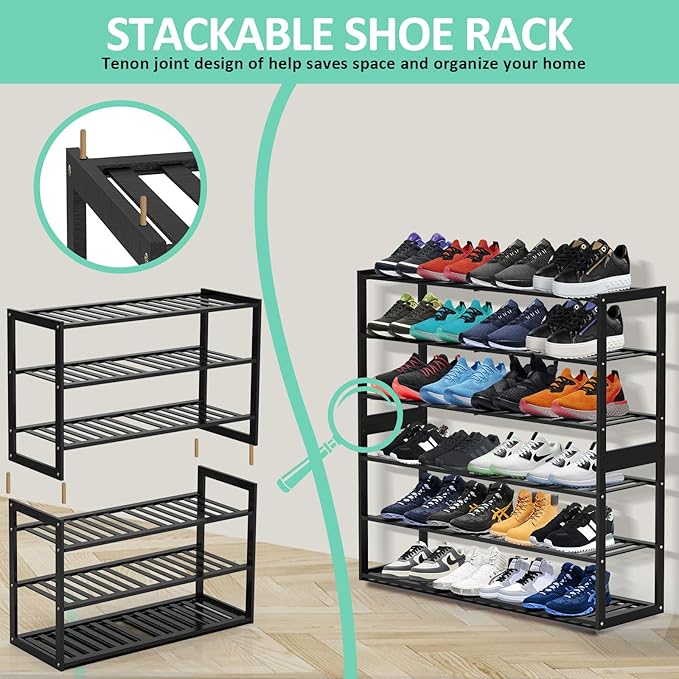 Bamboo Shoe Rack for Closet, Stackable 3 Tier Longer Shoe Organizer Shelf - Image 6