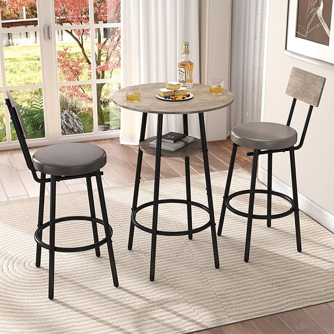3 Pieces Round Bar Table and Chairs Set, Small Dining Table by Zevemomo