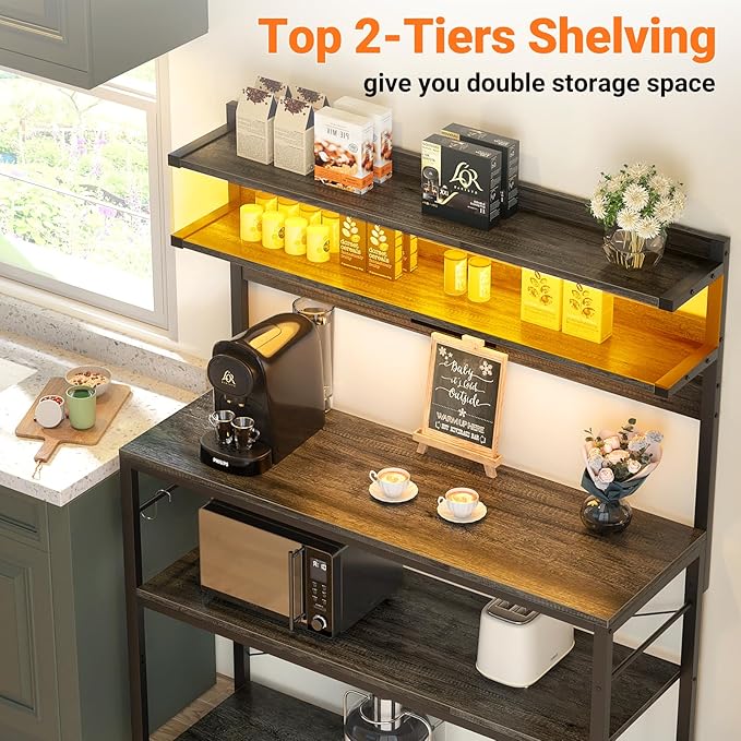 Aheaplus Bakers Rack with Power Outlet, Microwave Stand, 5 Tiers Coffee Bar - Image 6