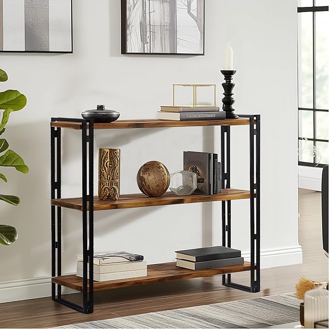47" 3-Tier Bookshelf Rustic Wood and Metal Industrial Bookshelf - Image 2