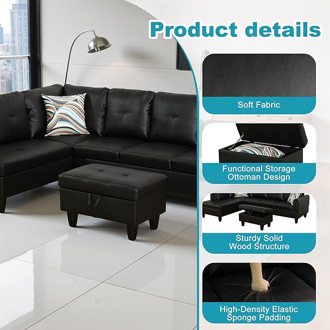 L Shaped Couch Faux Leather Sectional Couch Upholstered 3 Pieces Sofas - Image 5