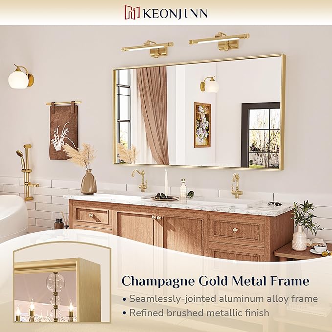 Keonjinn Brushed Gold Bathroom Mirror 42 x 36 Inch Metal Frame Rectangular - Image 6