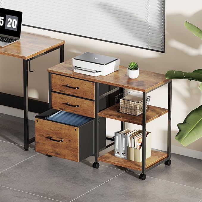 3 Drawer File Cabinet with Wheels Rolling Printer Stand with Open Storage Shelf - Image 2