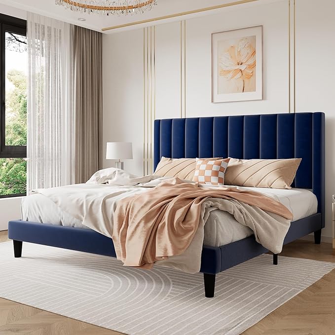 SHA CERLIN King Bed Frame/Velvet Upholstered Platform Bed Frame by SHACERLIN