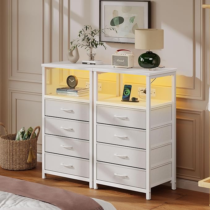 Seventable Night Stand with Charging Station, Tall Nightstand with 4 Fabric - Image 2