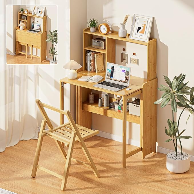 31.1" Bamboo Folding Desk with Bookshelf, Compact Computer Desk by Usofhaus