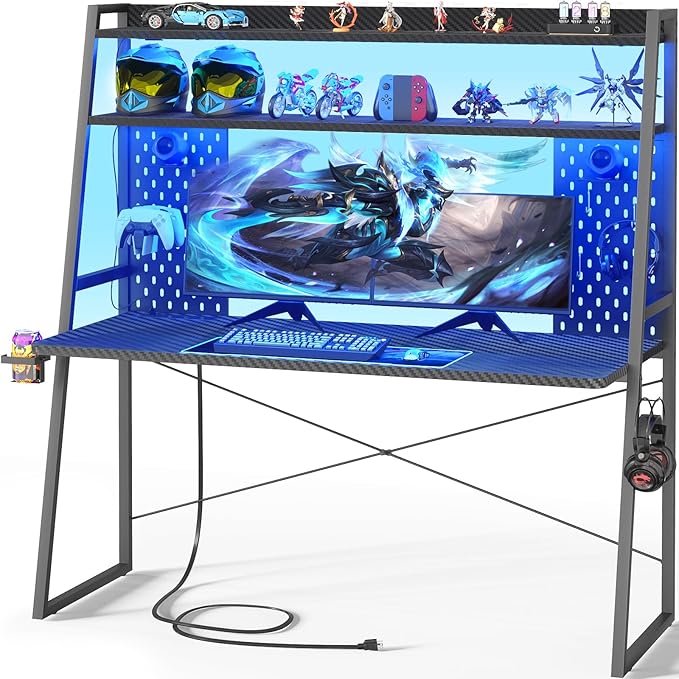 Gaming Desk with Hutch and LED Lights, Gaming Computer Desk with Power Outlets by Besiost