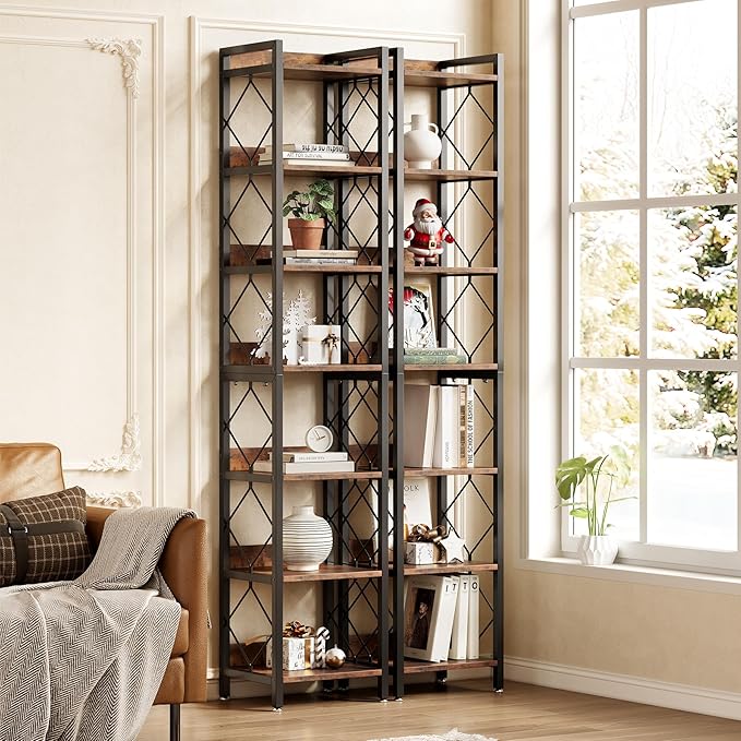 LITTLE TREE Book Shelf Set of 2, 7-Tier Tall Bookcase, Wooden Display Shelves - Image 4