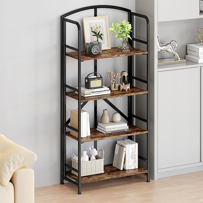 No-Assembly Folding Bookshelf Storage Shelves 4 Tiers Vintage Multifunctional - Image 4
