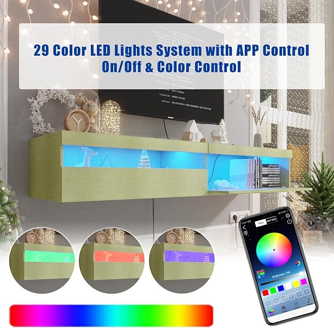 Floating TV Stand with Led Lights, 71 inch Wall Mounted TV Shelf with Power - Image 2