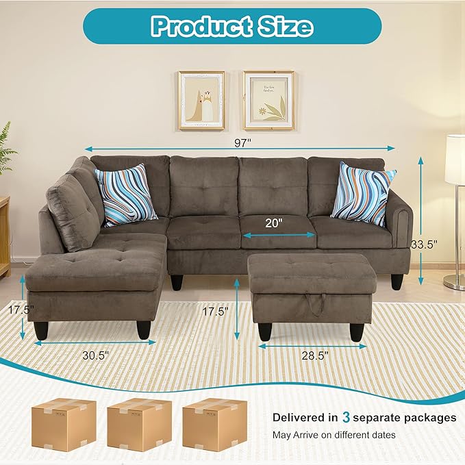 L Shaped Couch Modern Sectional Couch Upholstered Velvet Fabric 3 Pieces Sofas - Image 2