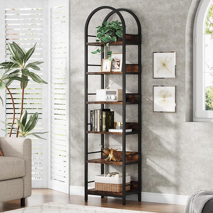 LITTLE TREE 78.7 Inches Tall Arched Bookshelf, 6 Tiers Skinny Open Bookcase - Image 5