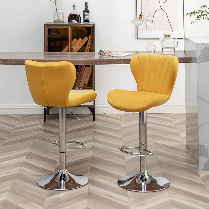 Roundhill Furniture Ellston Velvet Adjustable Swivel Barstools in Yellow - Image 7