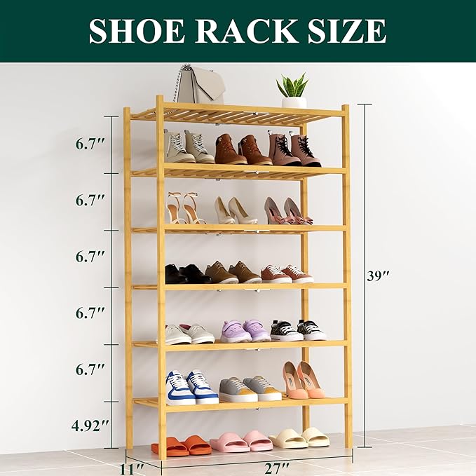 Smiry Shoe Rack, 6 Tier Thick Bamboo Shoe Organizer, Stackable Free Standing - Image 2