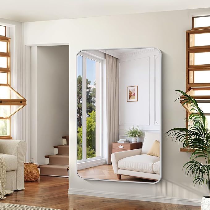 60x40 Inch Silver Bathroom Mirror, Large Rectangle Mirror, Metal Framed - Image 5