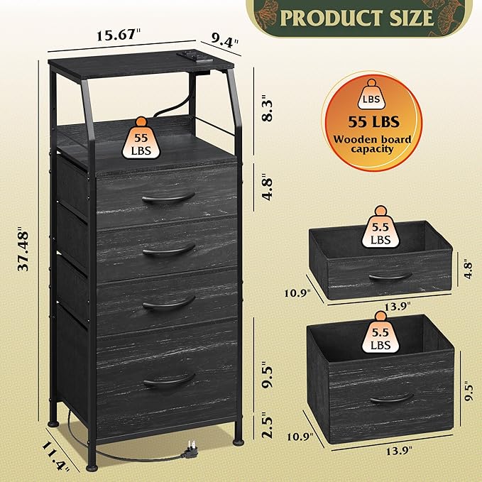WLIVE Nightstand with Charging Station, Tall 4 Drawer Dresser - Image 3