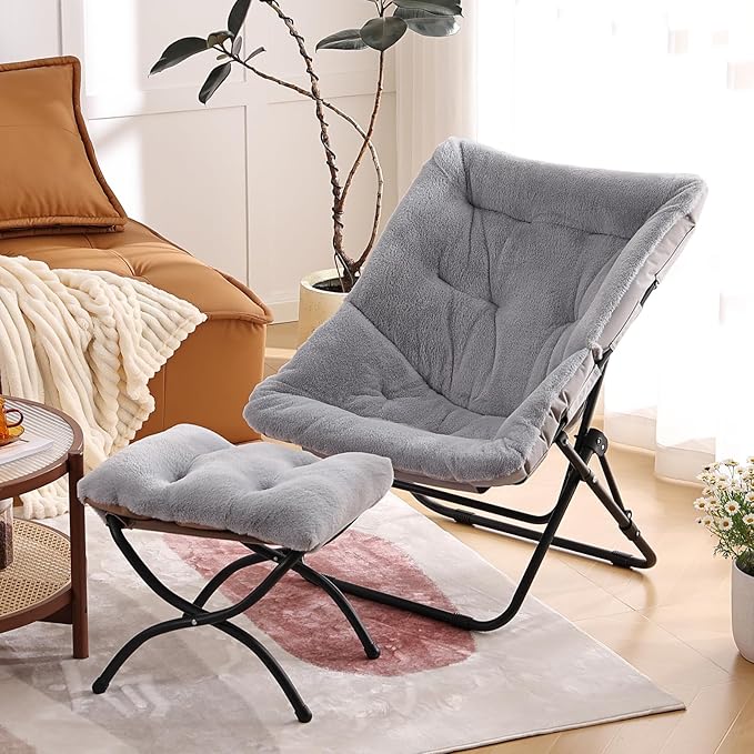 Comfy Folded Chair with Ottoman, Oversized Folding Faux Fur Chair Soft Furry - Image 2