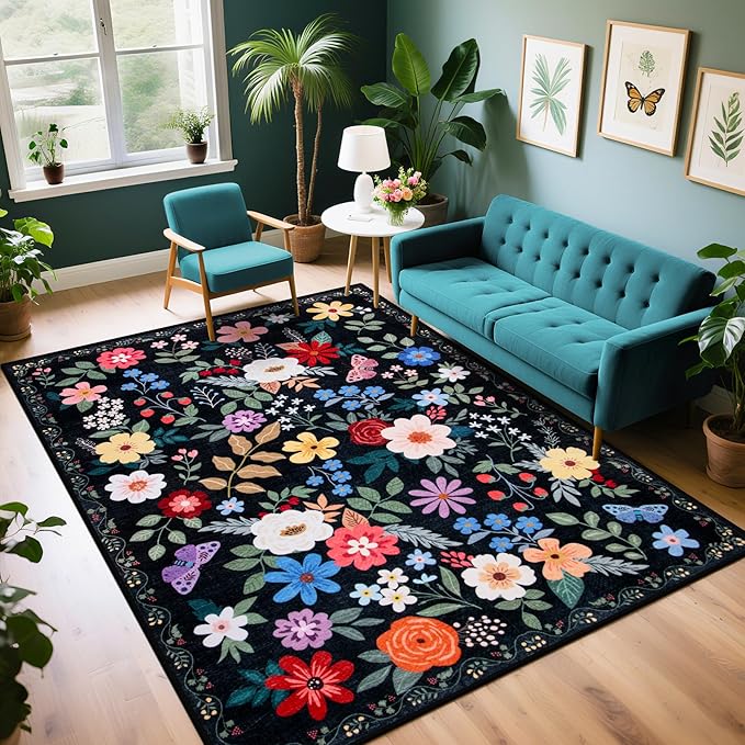 Area Rug Living Room Rugs: Floral 4x6 Washable Rug Vintage Soft Boho Non-Slip by PLHXFRSoftAreaRugs