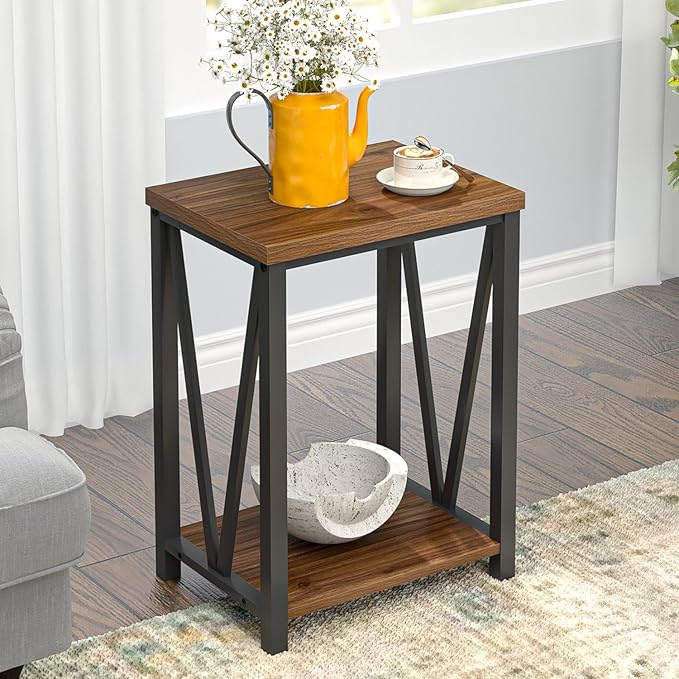 FOLUBAN Small End Table, Rustic Wood and Metal Side Table by FOLUBAN