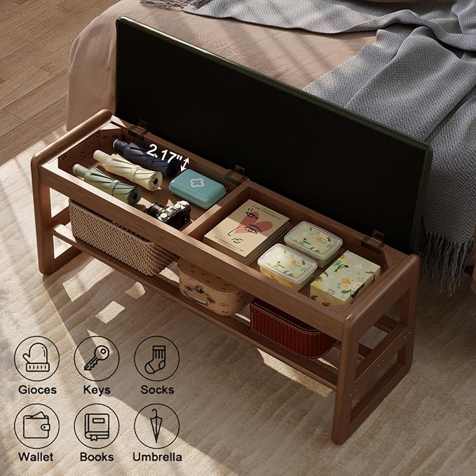 Shoe Rack Bench with Leather Cushion, 2 Tiers Shoe Bench with Flip-Top Storage - Image 4